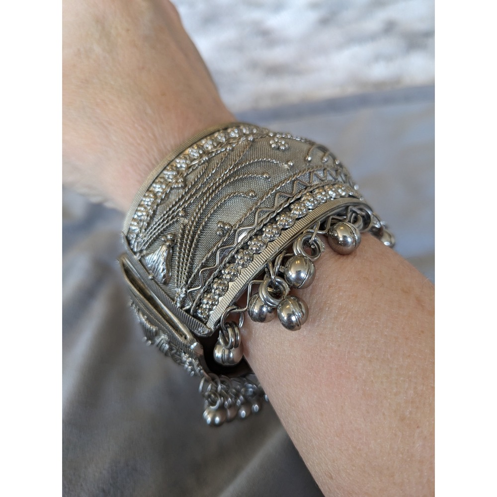 Vintage Silver Tone Filigree Mesh Hinged Cuff Bracelet with Jingle Bell Charms
